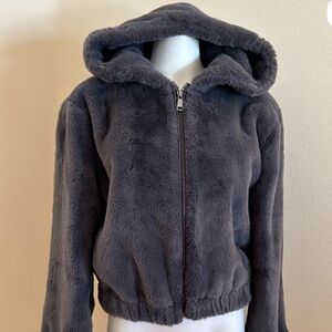 Avec Les Filles Faux Fur Jacket Graphite Gray Small Cropped Hoodie Teddy